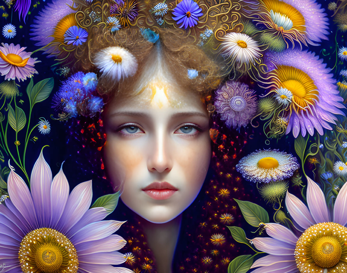 Colorful surreal portrait of woman's face with flowers and foliage