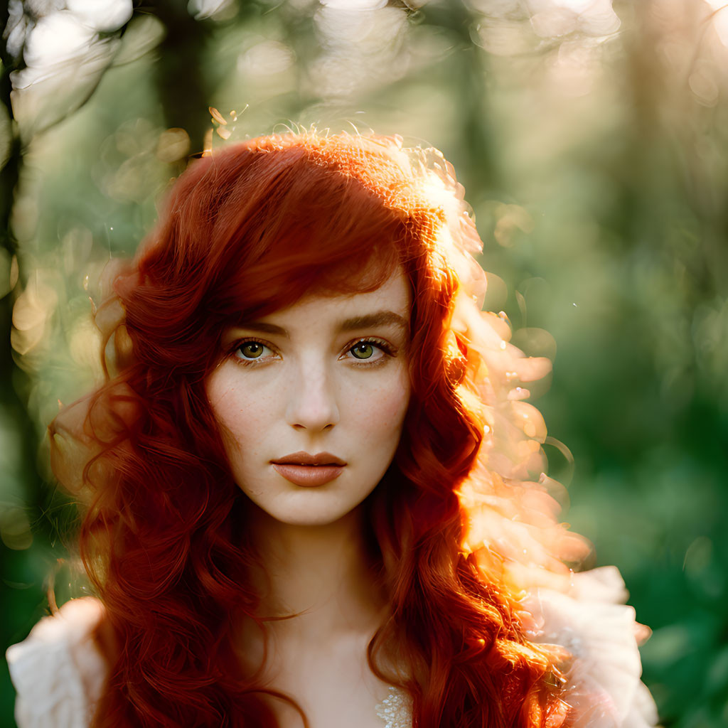 Curly Red-Haired Woman in Forest with Sunlight and Bokeh