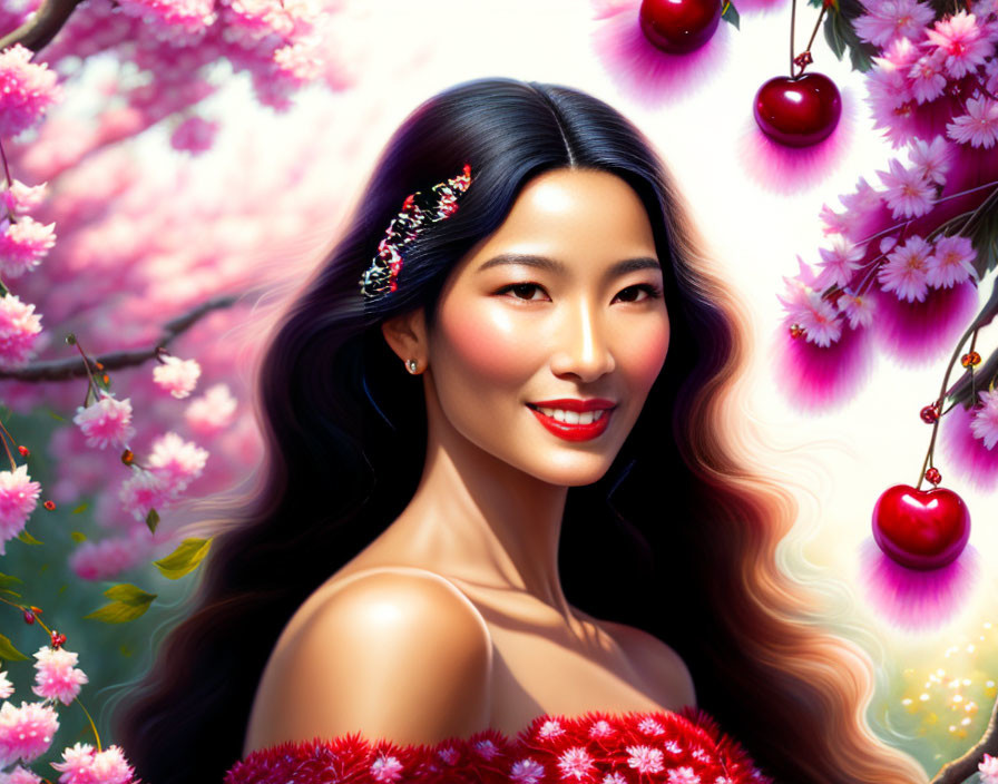 Smiling woman with cherry blossom background and decorative hairpiece