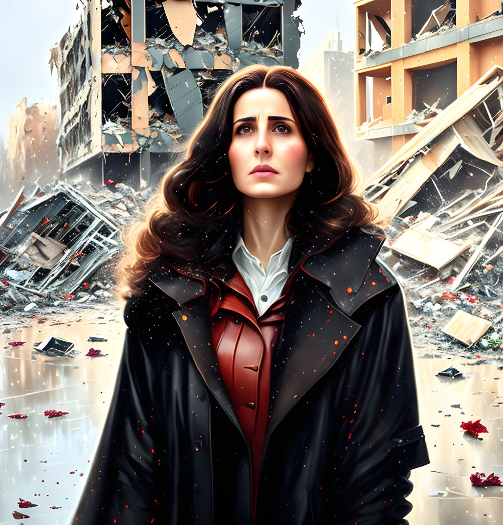 Worried woman in black coat amid crumbling buildings and flying debris