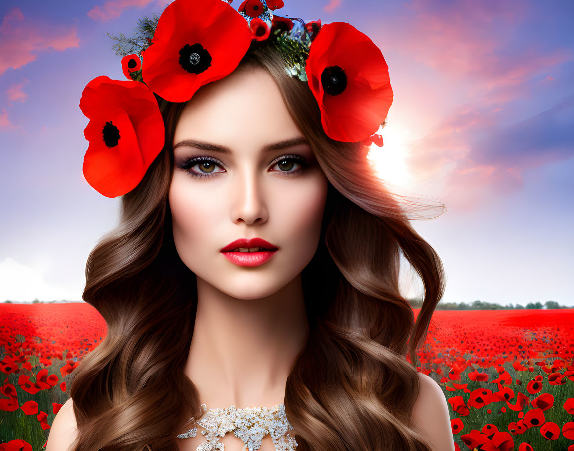 Woman with Wavy Hair Surrounded by Red Poppies in Field