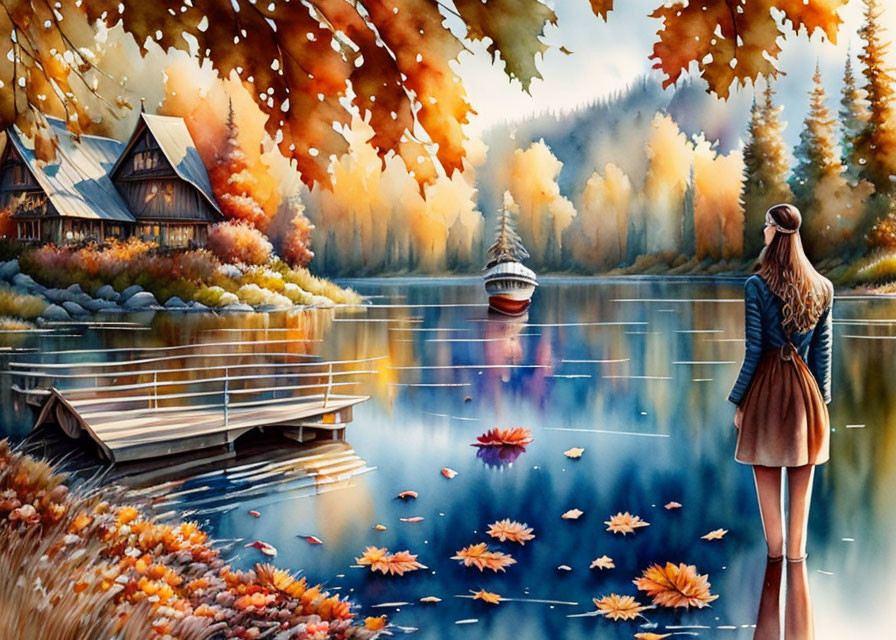 Tranquil autumn scene with woman, lake, boat, and cabin