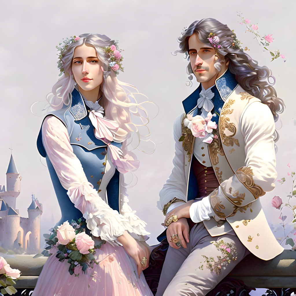 Man and woman in historical attire with flowers, sitting near a castle