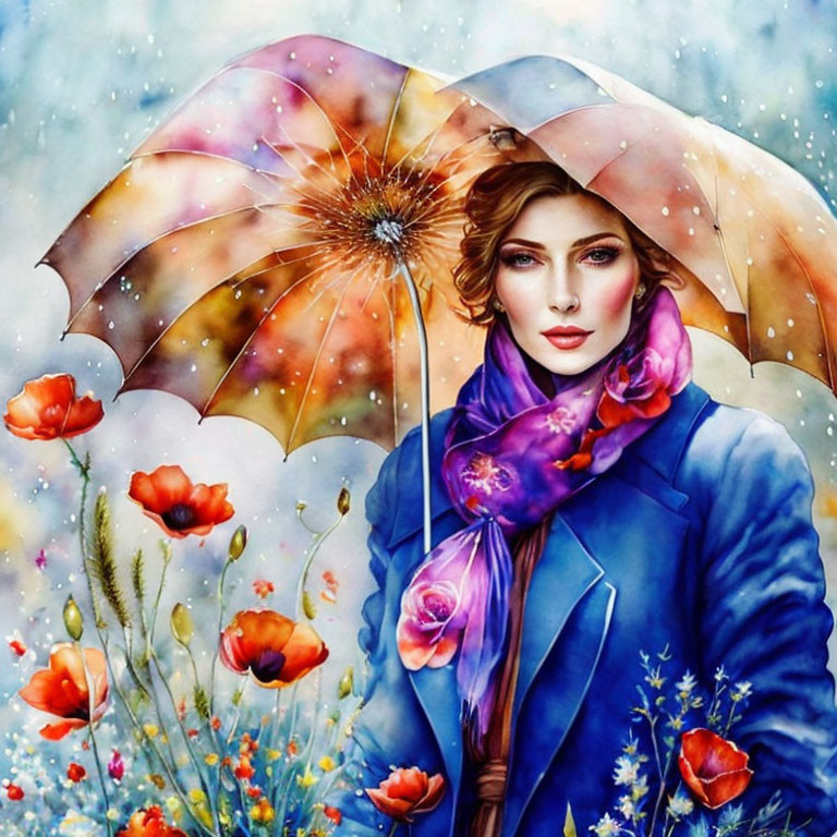 Colorful Stylized Woman with Umbrella in Flower Field Artwork