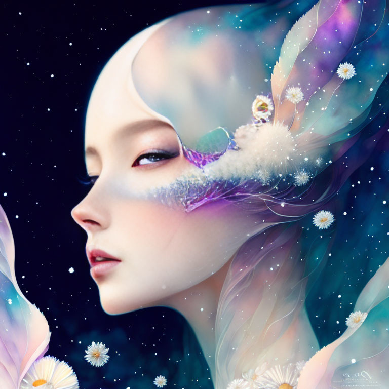 Surreal female figure blending cosmos and nature with stars and flowers