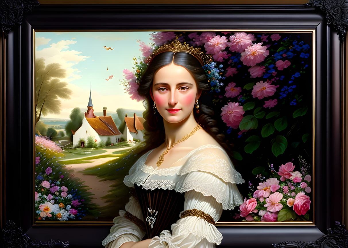 Framed painting of young woman with floral wreath in pastoral setting