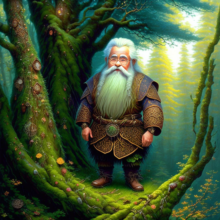 Illustrated dwarf in blue and gold outfit in mystical forest with ancient trees