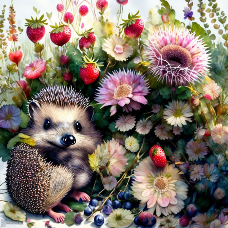 Adorable hedgehog surrounded by flowers, strawberries, and blueberries