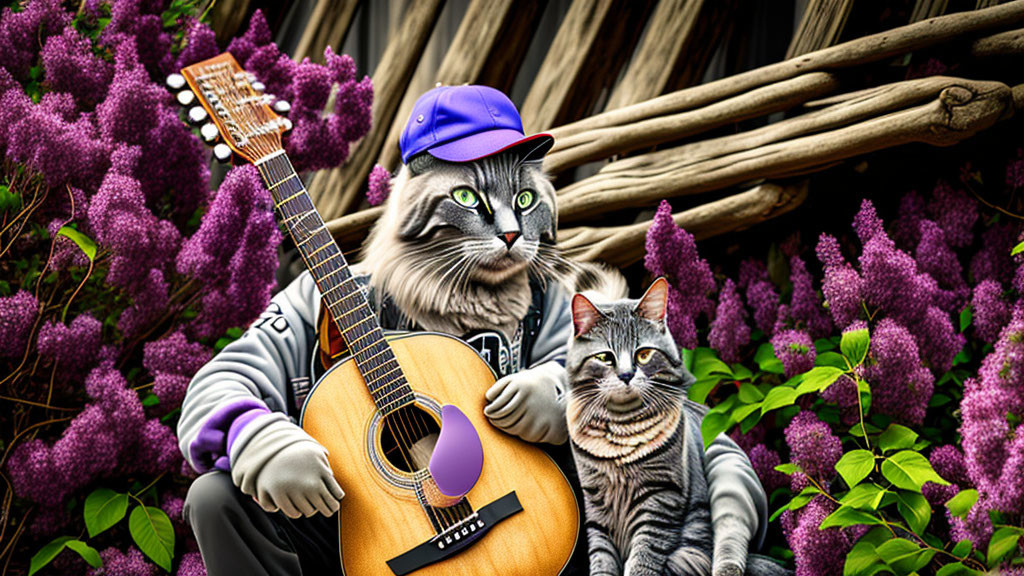 Cartoon cats in human attire with guitar amid purple flowers and wooden structures