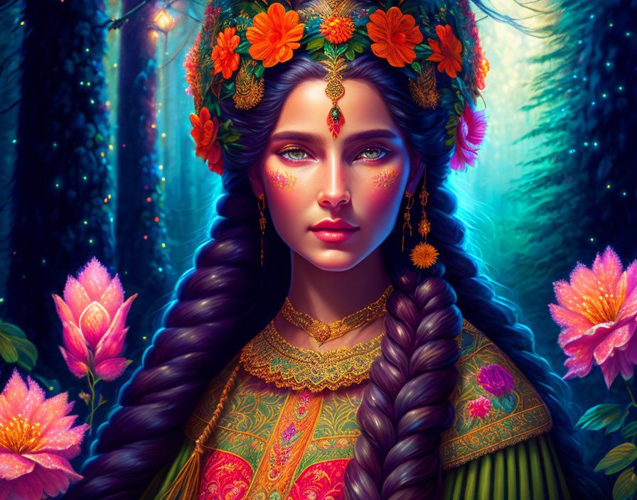 Digital Artwork: Woman with Floral Headdress in Enchanted Forest