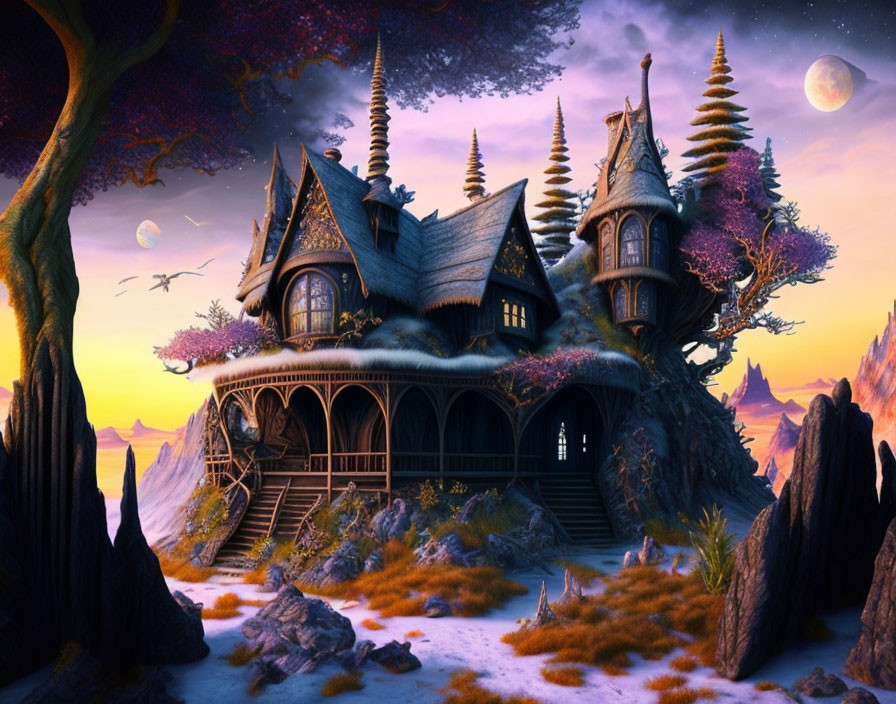 Enchanted twilight fantasy landscape with towering house, purple trees, floating islands, and dual moons