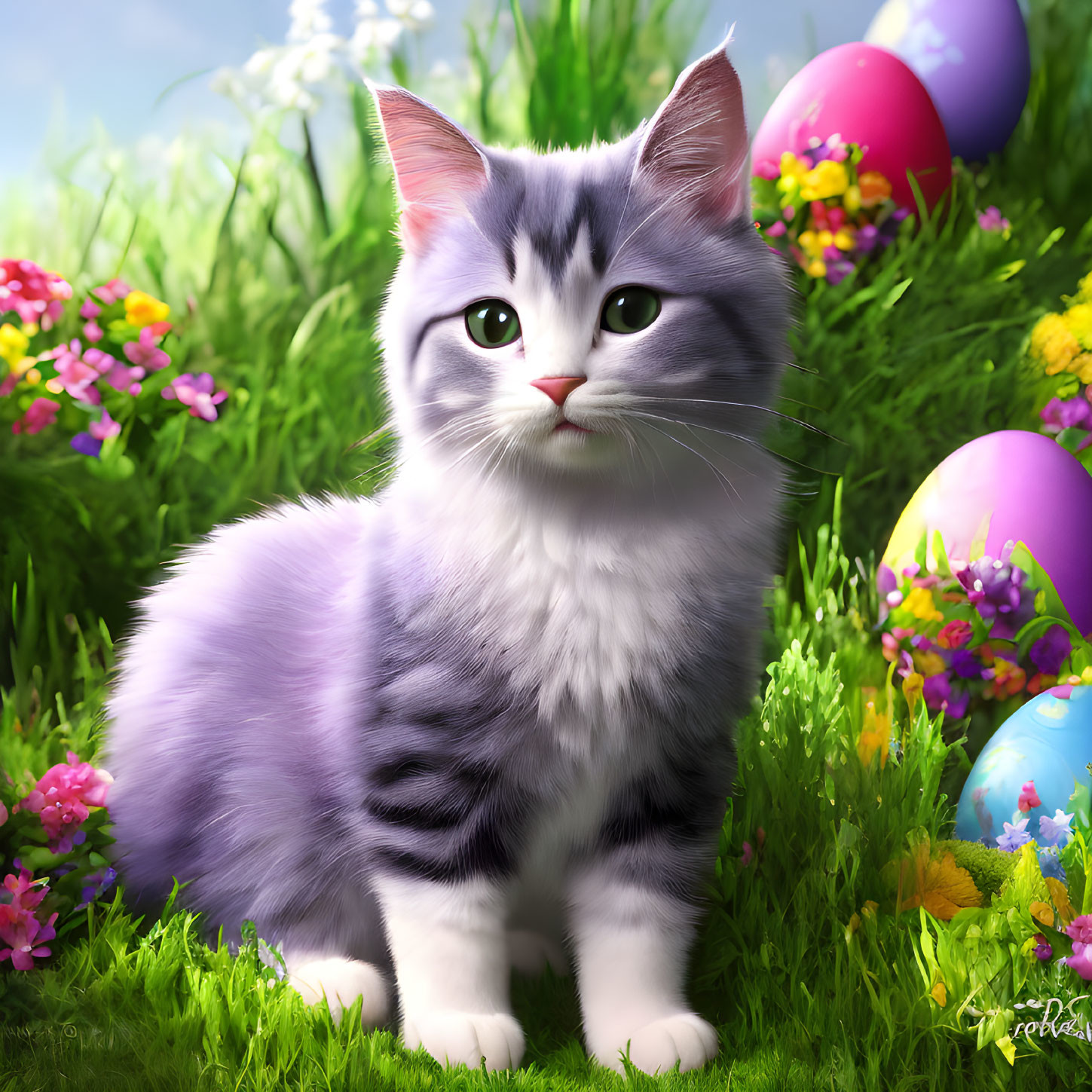 Gray and White Kitten in Easter-Themed Scene with Blue Eyes