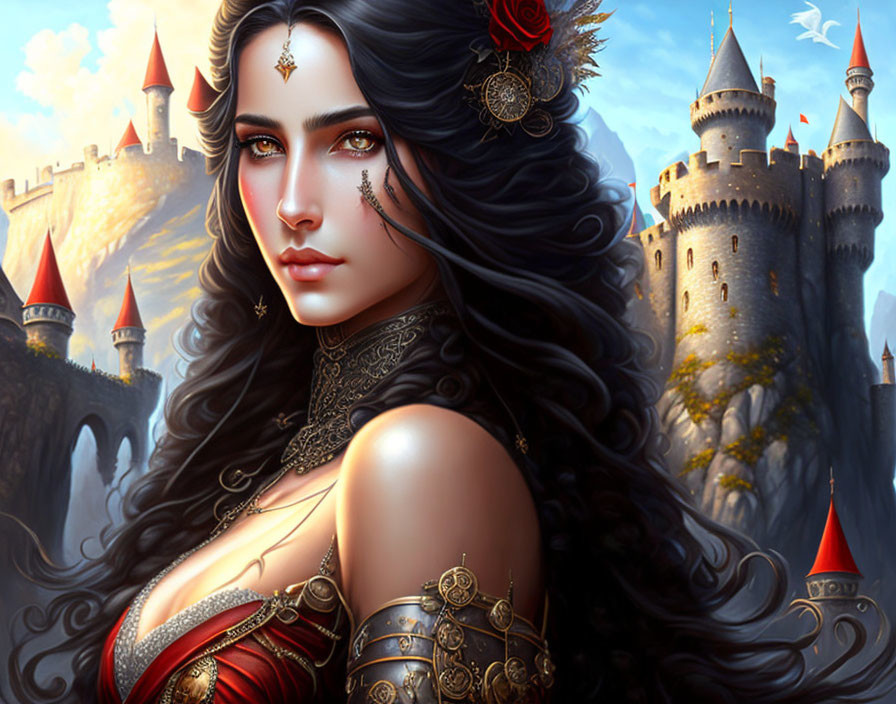 Regal woman with dark wavy hair and gold ornaments in castle setting