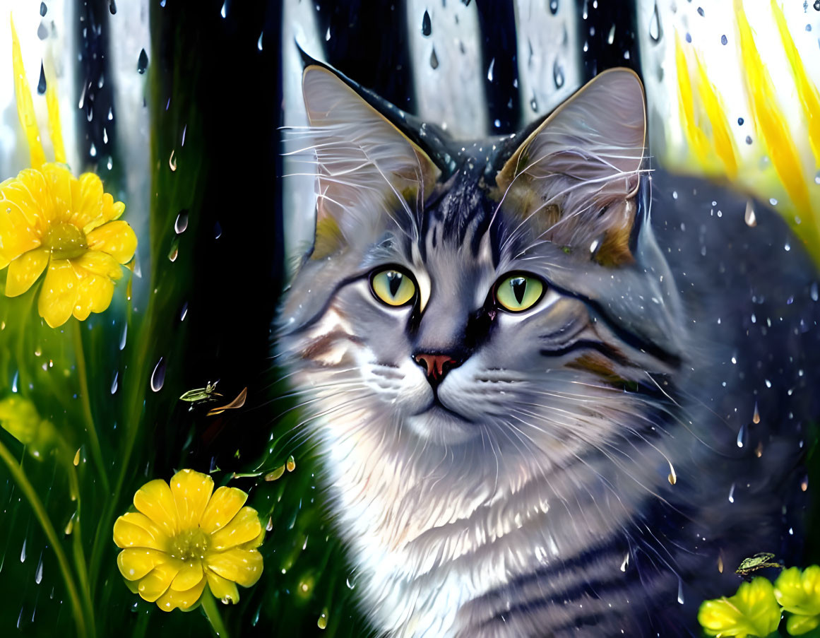 Grey Tabby Cat with Green Eyes in Rain with Yellow Flowers and Bee