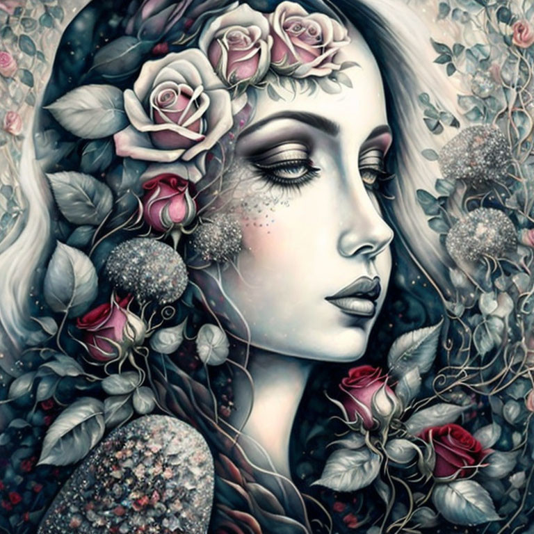 Surreal portrait of woman with flowers and vines in hair