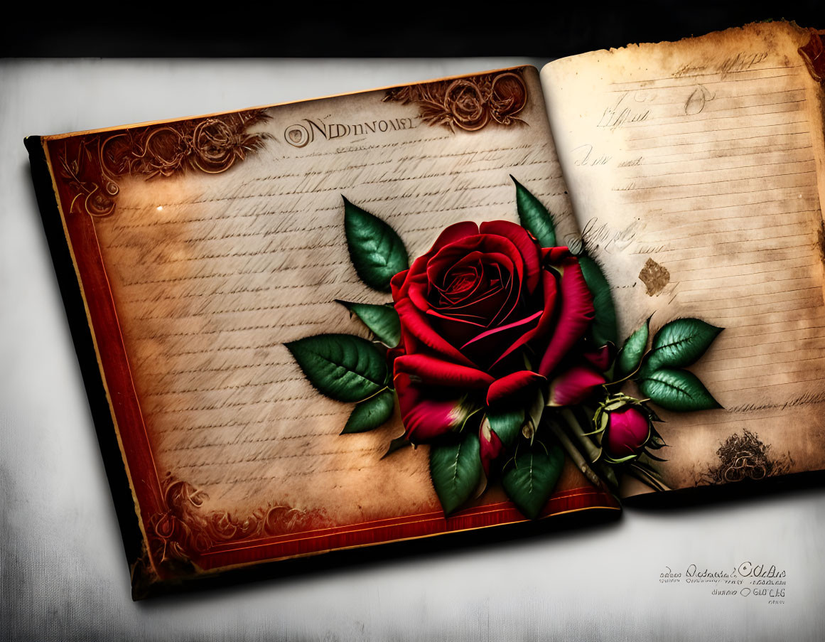 Vintage open book with red rose and buds on script-filled pages