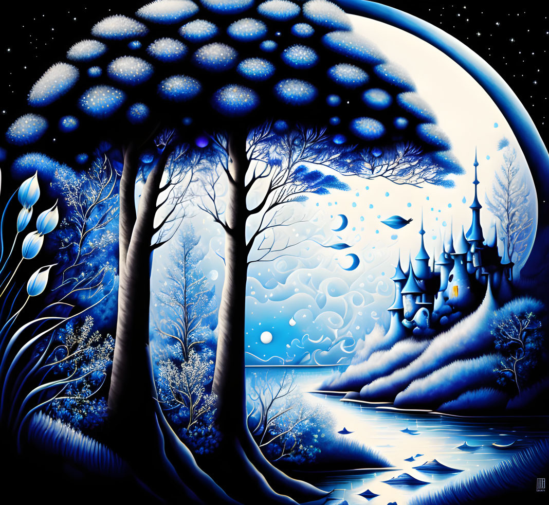 Blue-toned fantasy landscape with glowing trees, castle, moon, and nautical elements