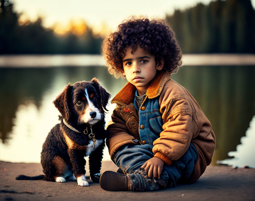 Child with Curly Hair and Puppy Sitting by Shore at Golden Hour