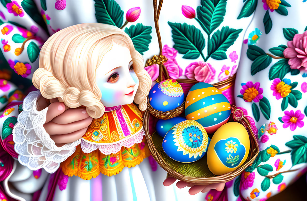 Illustration of doll with blonde curly hair in traditional dress and Easter eggs basket on floral background