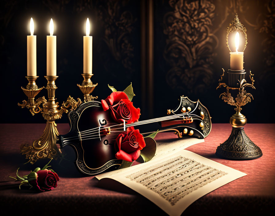 Classic Still Life with Violin, Roses, Sheet Music, and Candles