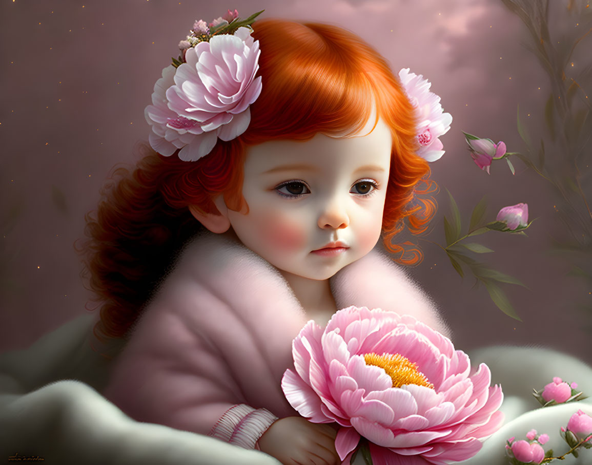 Young girl with red hair and flowers in digital art against brown background