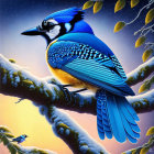 Colorful Bird with Intricate Feather Patterns on Branch in Floral Setting on Blue and Yellow Background