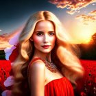 Blonde Woman in Red Dress Surrounded by Poppy Flowers at Sunset