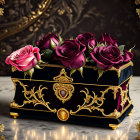 Black and Gold Jewelry Box with Red and Pink Roses on Reflective Surface