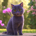 Grey Cat with Green Eyes Beside Pink Flower and Purple Bottle in Garden