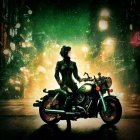 Futuristic helmeted person with neon-lit motorcycle in cityscape at night