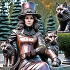 Steampunk-themed digital art with woman, top hat, and cats.