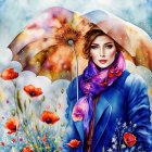 Colorful Stylized Woman with Umbrella in Flower Field Artwork