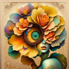 Colorful digital artwork: Woman's face with flowers, peacock feather, butterfly on golden backdrop