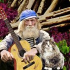 Cartoon cats in human attire with guitar amid purple flowers and wooden structures