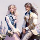 Man and woman in historical attire with flowers, sitting near a castle