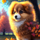 Fluffy Pomeranian in autumn park with fallen leaves