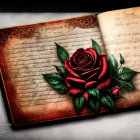 Vintage open book with red rose and buds on script-filled pages