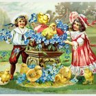 Charming vintage illustration of children, chicks, garden, flowers