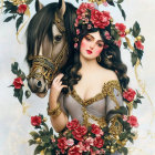 Illustrated woman with dark hair and floral crown next to horse in vine and rose setting