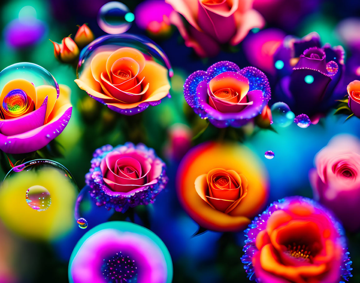 Digitally Enhanced Neon Roses with Dewdrops on Colorful Background