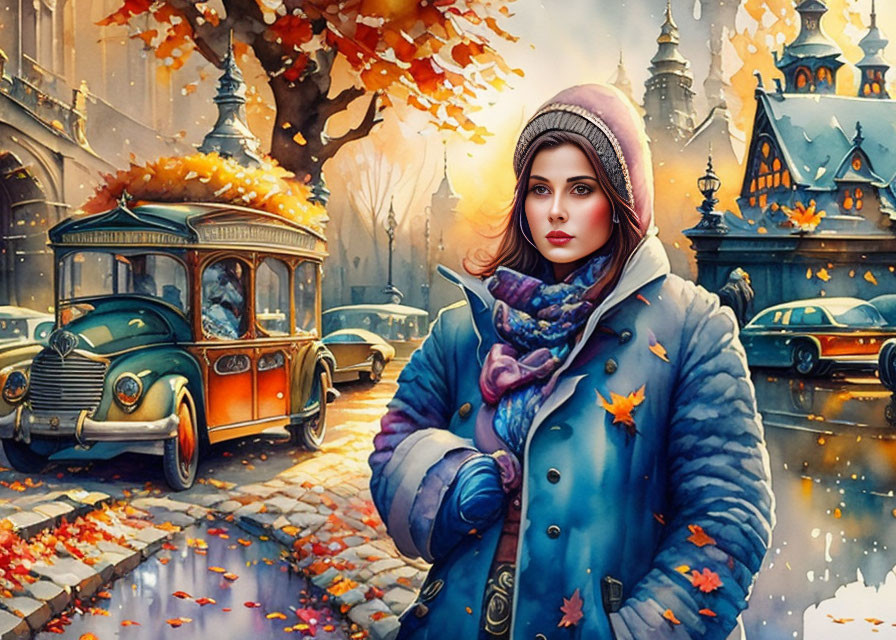 Woman in winter attire with vintage tram in autumnal scene