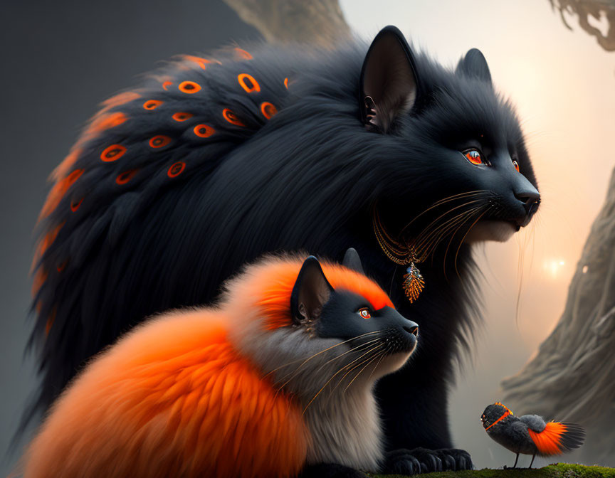 Majestic black cat with orange eyes and peacock-like fur in fantasy scene