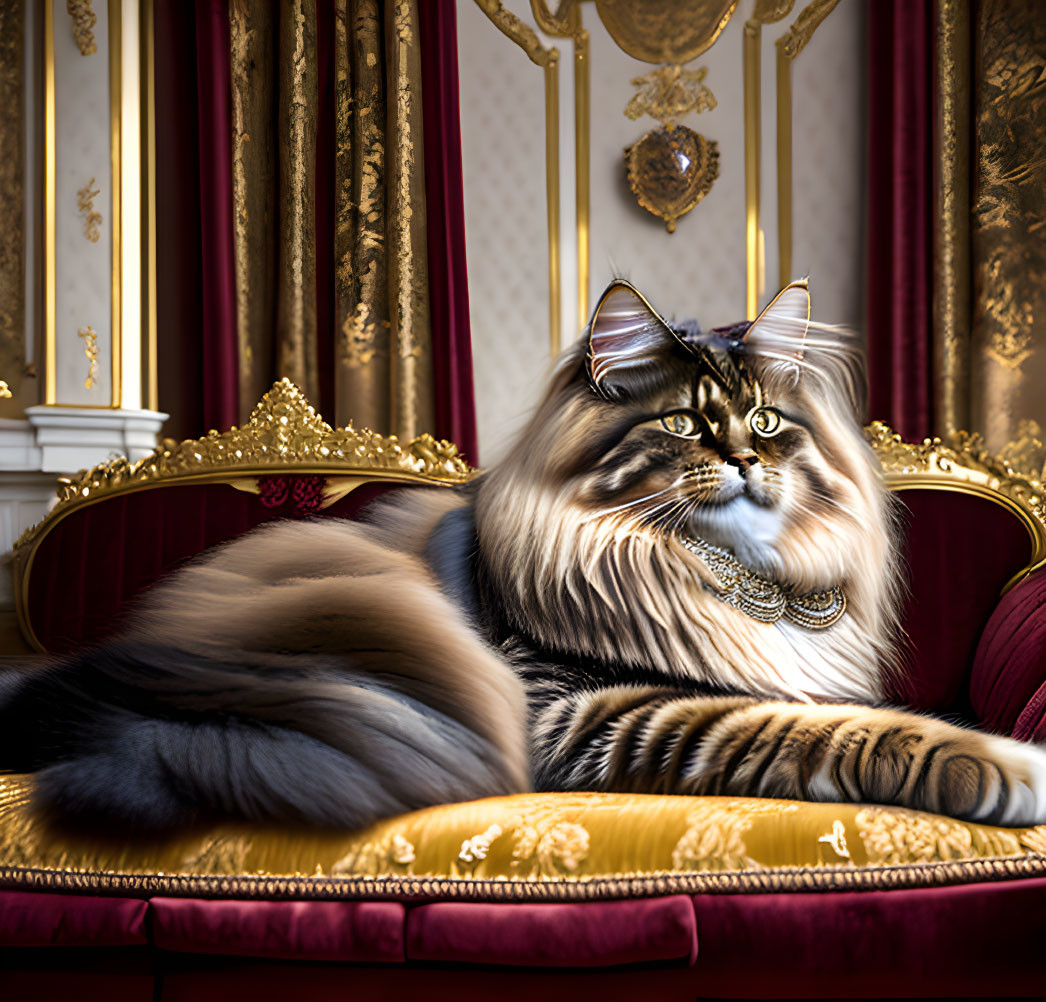 Fluffy cat with striking markings on gold-trimmed red velvet sofa