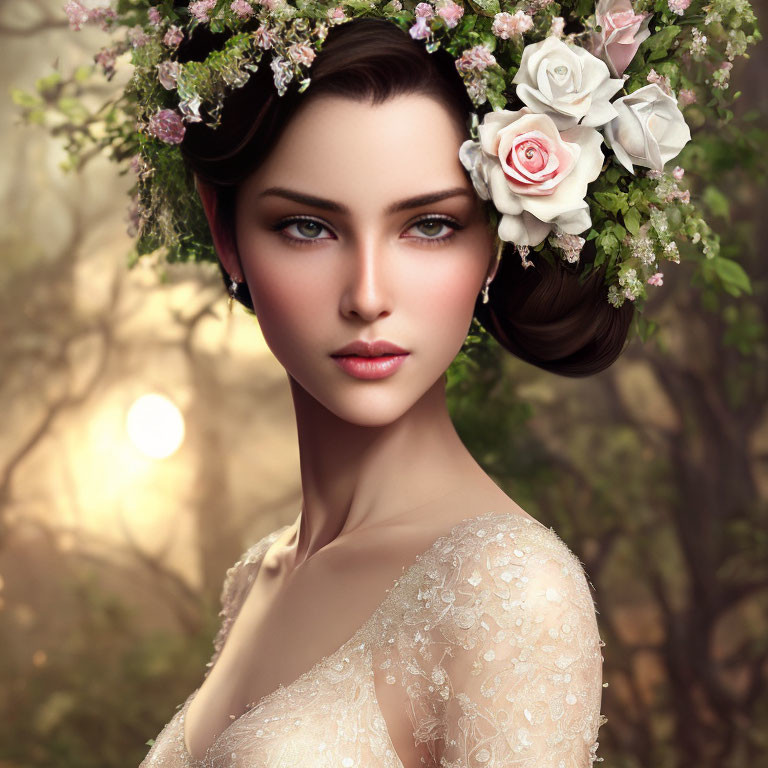 Detailed illustration of woman with floral crown, roses, greenery, elegant hairstyle, lace dress, against