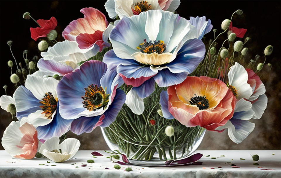 Multicolored poppies in transparent vase on table with scattered petals.