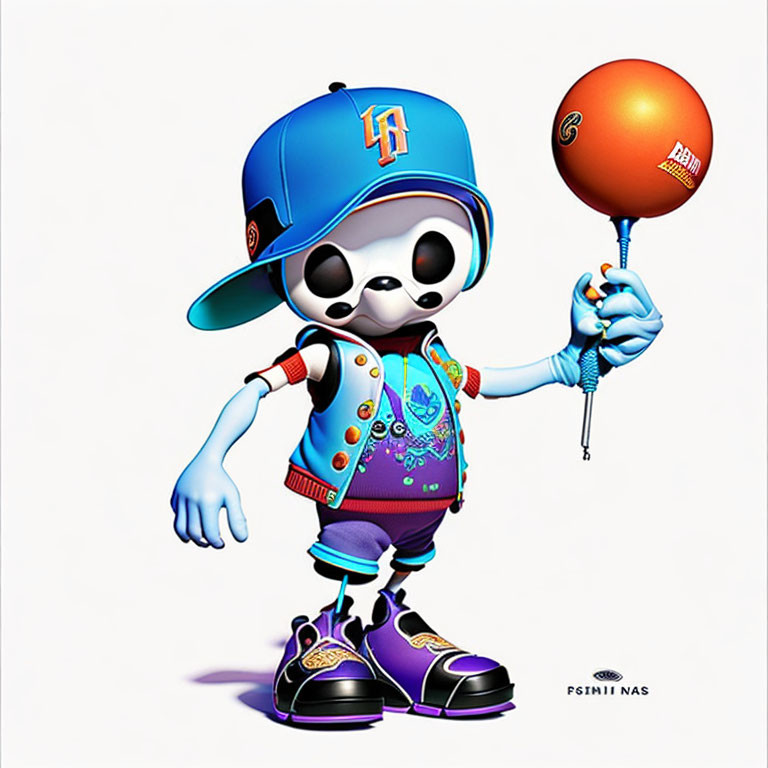 Skull-headed character in cap, vest, sneakers, holding 'D' balloon