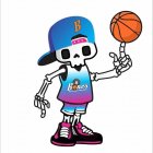 Skull-headed character in cap, vest, sneakers, holding 'D' balloon