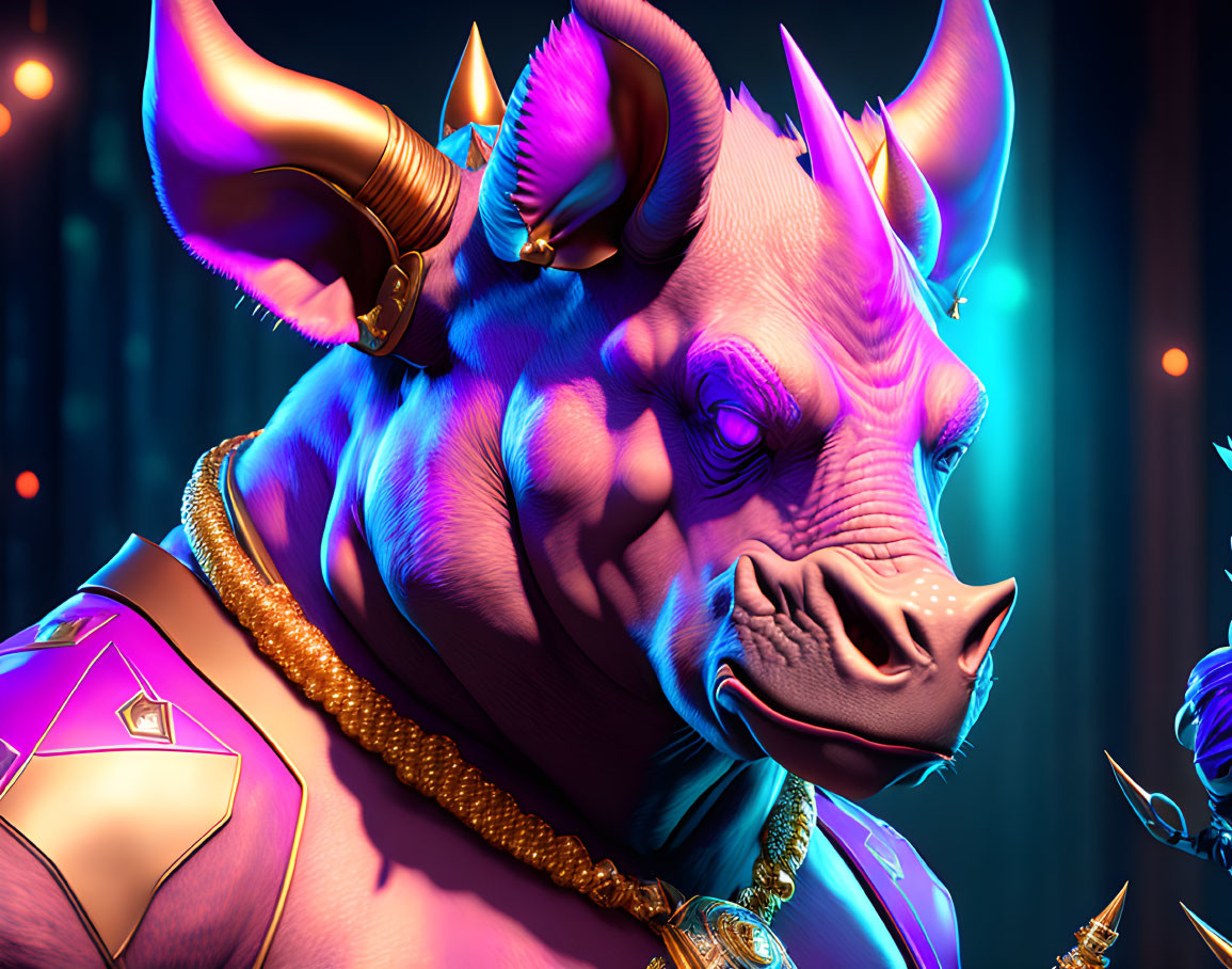 Purple anthropomorphic bull with golden horns and jewelry on dark backdrop