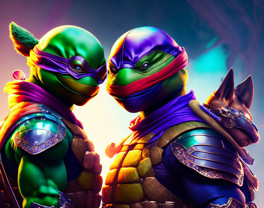 Two Teenage Mutant Ninja Turtles in Purple and Blue Masks with Detailed Armor and Colorful Back