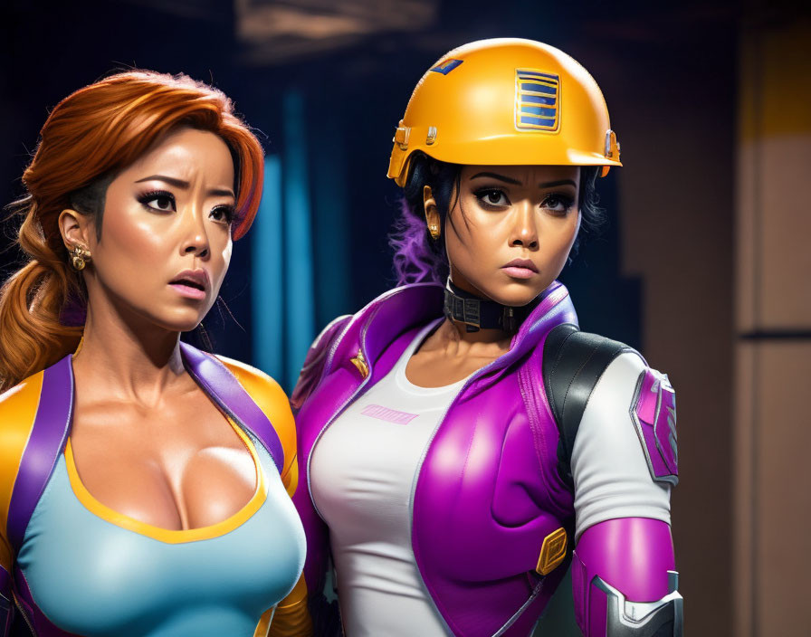 Two women in futuristic costumes with helmets, showing concern, against dark background